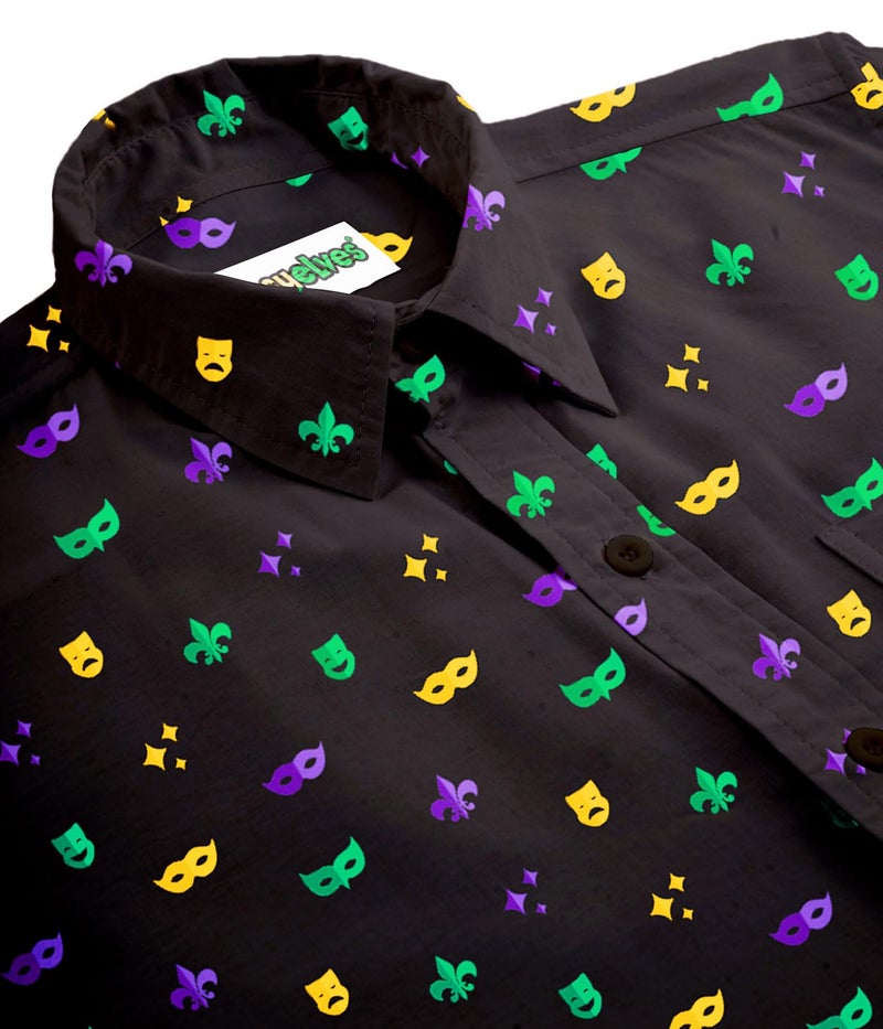 Tipsy Elves Button Down Shirts for Men - Valentineâ€™s Day, Mardi Gras and St Patrickâ€™s Day Menâ€™s Button Ups - Black Masquerade Mardi Gras Short Sleeve Hawaiian - Size Large - Image 4